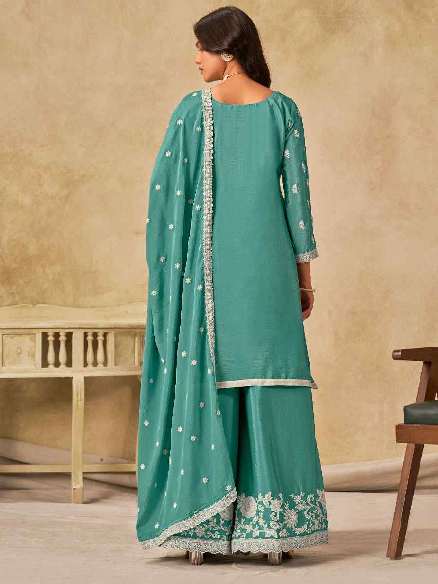 Sky Blue Heavy Chinon Embroidered Festival Wedding Palazzo Pant Salwar Kameez
