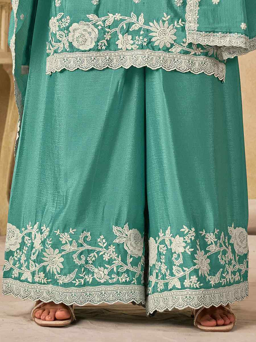 Sky Blue Heavy Chinon Embroidered Festival Wedding Palazzo Pant Salwar Kameez