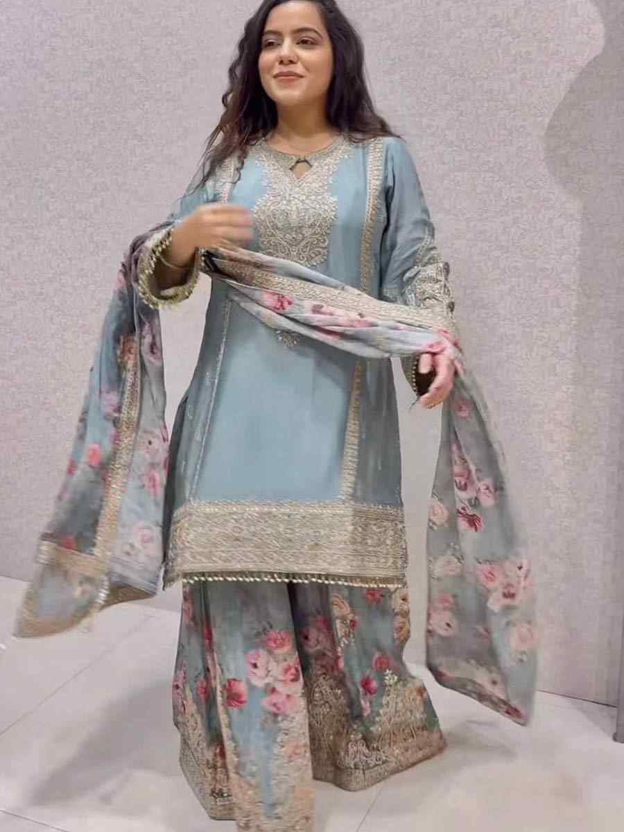 Sky Blue Heavy Chinon Silk Embroidered Festival Casual Ready Palazzo Salwar Kameez