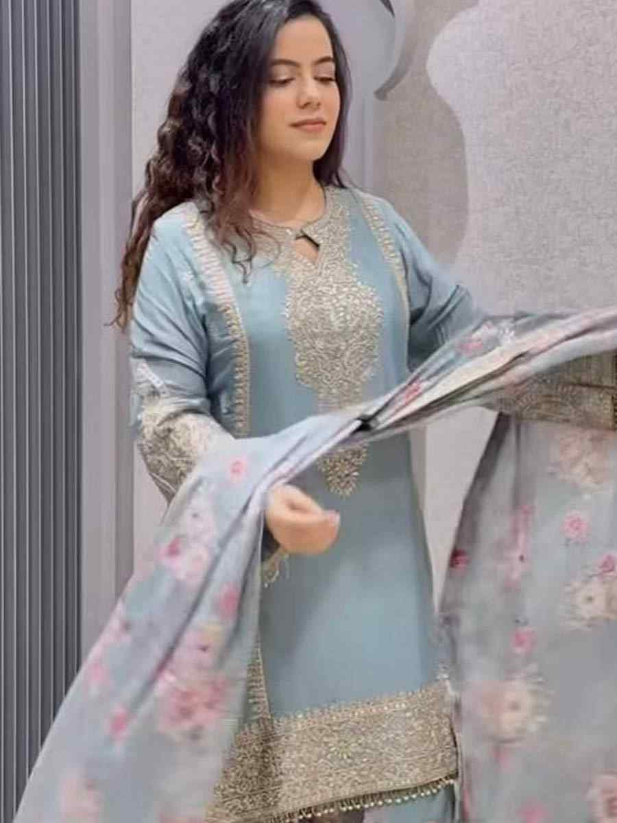 Sky Blue Heavy Chinon Silk Embroidered Festival Casual Ready Palazzo Salwar Kameez