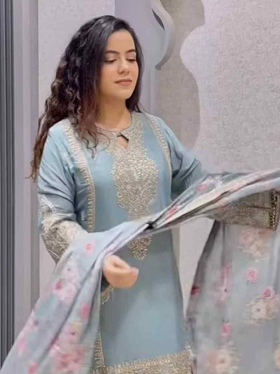 Sky Blue Heavy Chinon Silk Embroidered Festival Casual Ready Palazzo Salwar Kameez