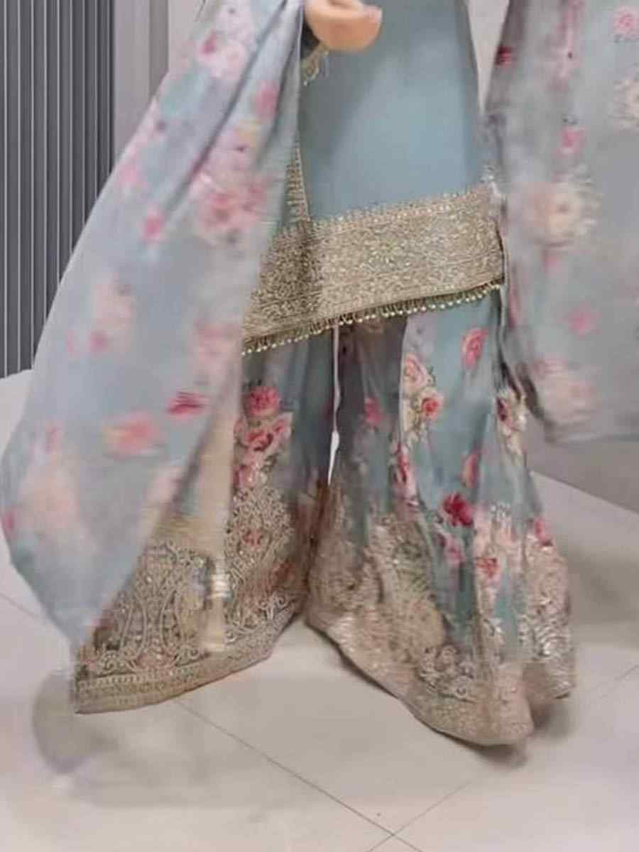 Sky Blue Heavy Chinon Silk Embroidered Festival Casual Ready Palazzo Salwar Kameez