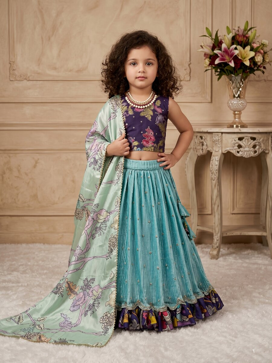 Sky Blue Heavy Chinon Silk Printed Embroidered Sequins Ethnic Casual Festival Party Wedding Lehengas Girls Wear