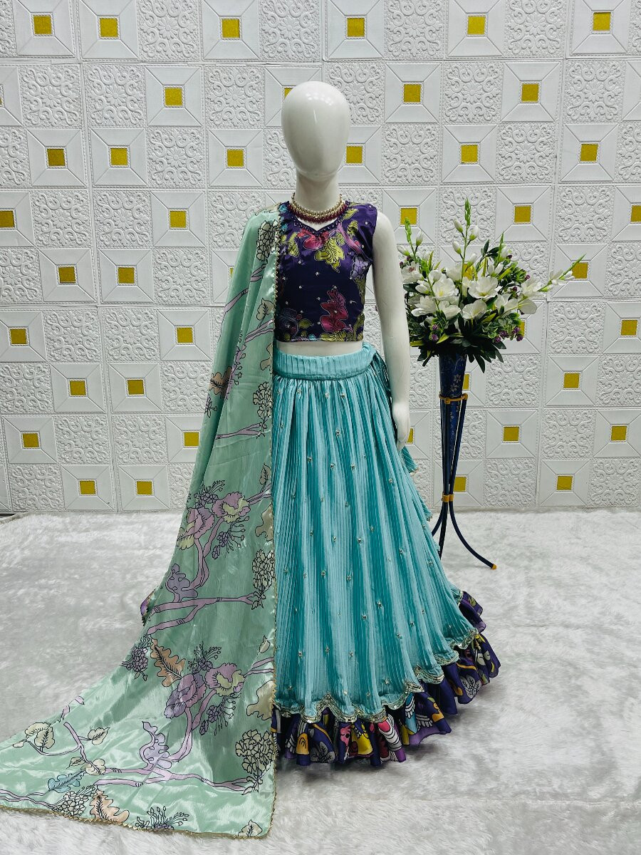 Sky Blue Heavy Chinon Silk Printed Embroidered Sequins Ethnic Casual Festival Party Wedding Lehengas Girls Wear