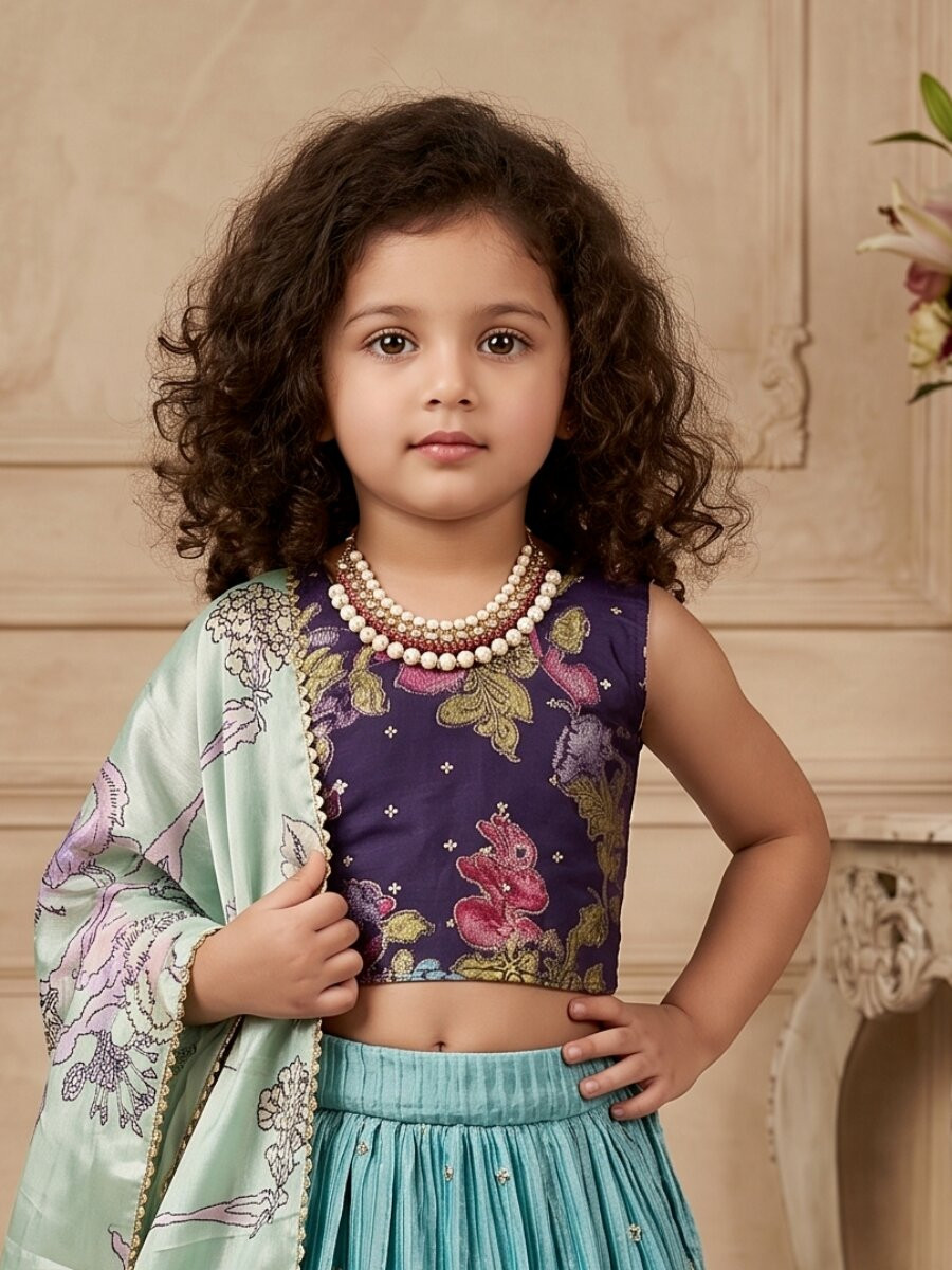 Sky Blue Heavy Chinon Silk Printed Embroidered Sequins Ethnic Casual Festival Party Wedding Lehengas Girls Wear