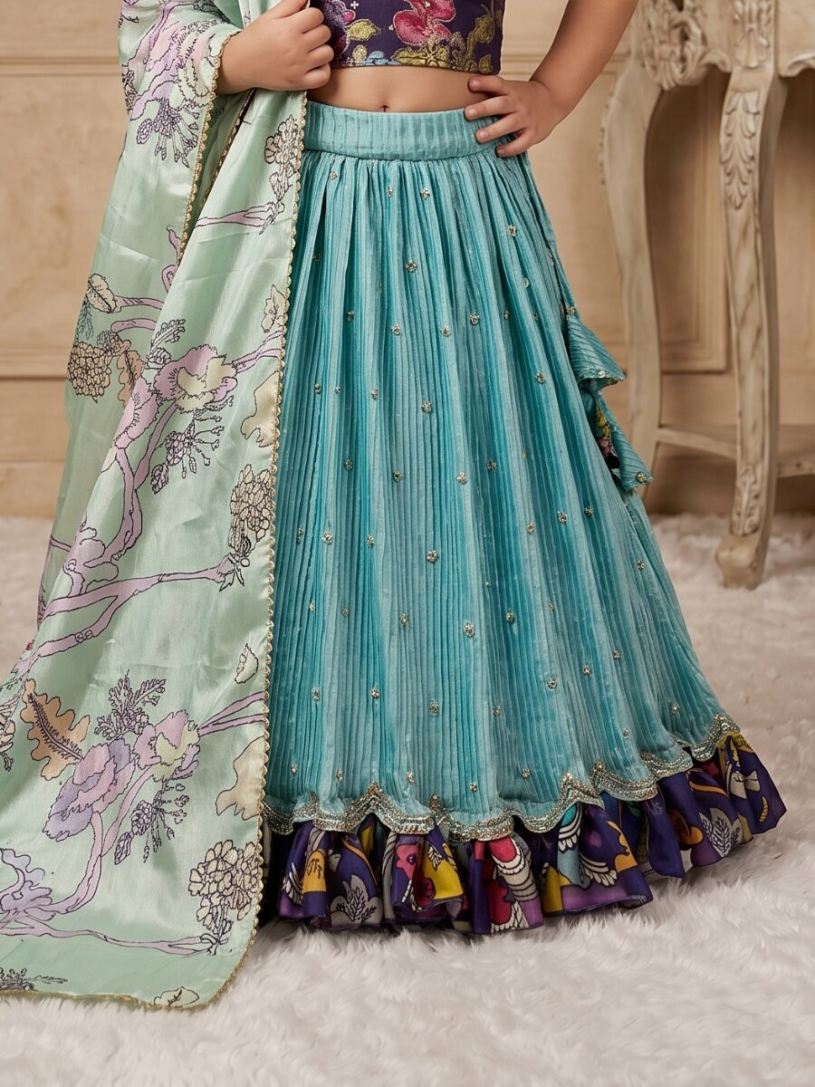 Sky Blue Heavy Chinon Silk Printed Embroidered Sequins Ethnic Casual Festival Party Wedding Lehengas Girls Wear