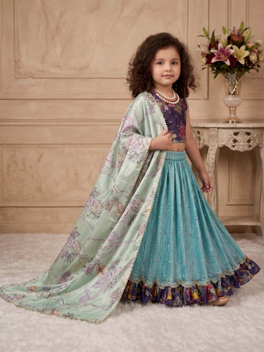 Sky Blue Heavy Chinon Silk Printed Embroidered Sequins Ethnic Casual Festival Party Wedding Lehengas Girls Wear