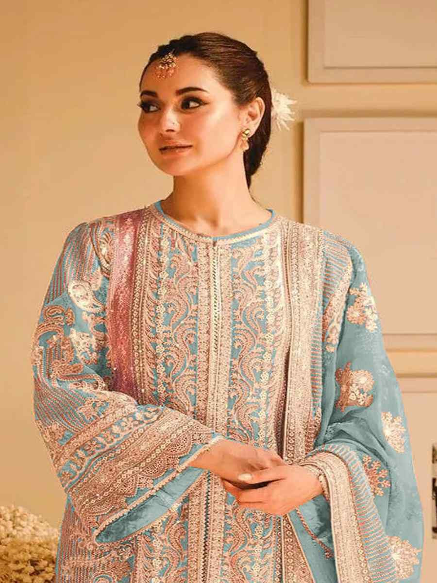 Sky Blue Heavy Faux Georgette Embroidered Festival Wedding Pant Salwar Kameez