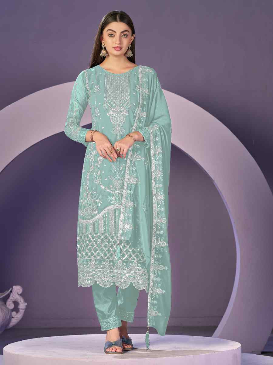 Sky Blue Heavy Faux Georgette Embroidered Festival Wedding Pant Salwar Kameez