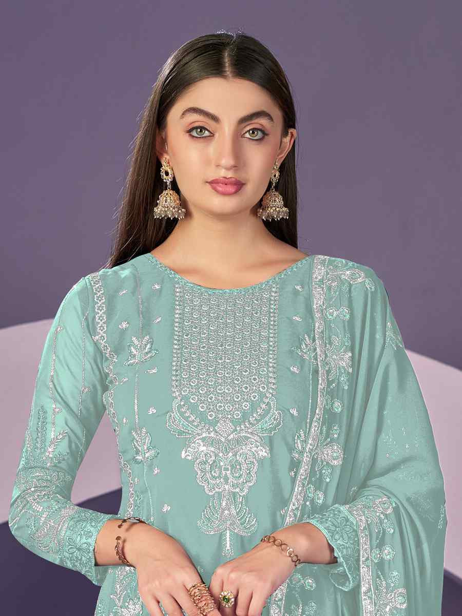 Sky Blue Heavy Faux Georgette Embroidered Festival Wedding Pant Salwar Kameez