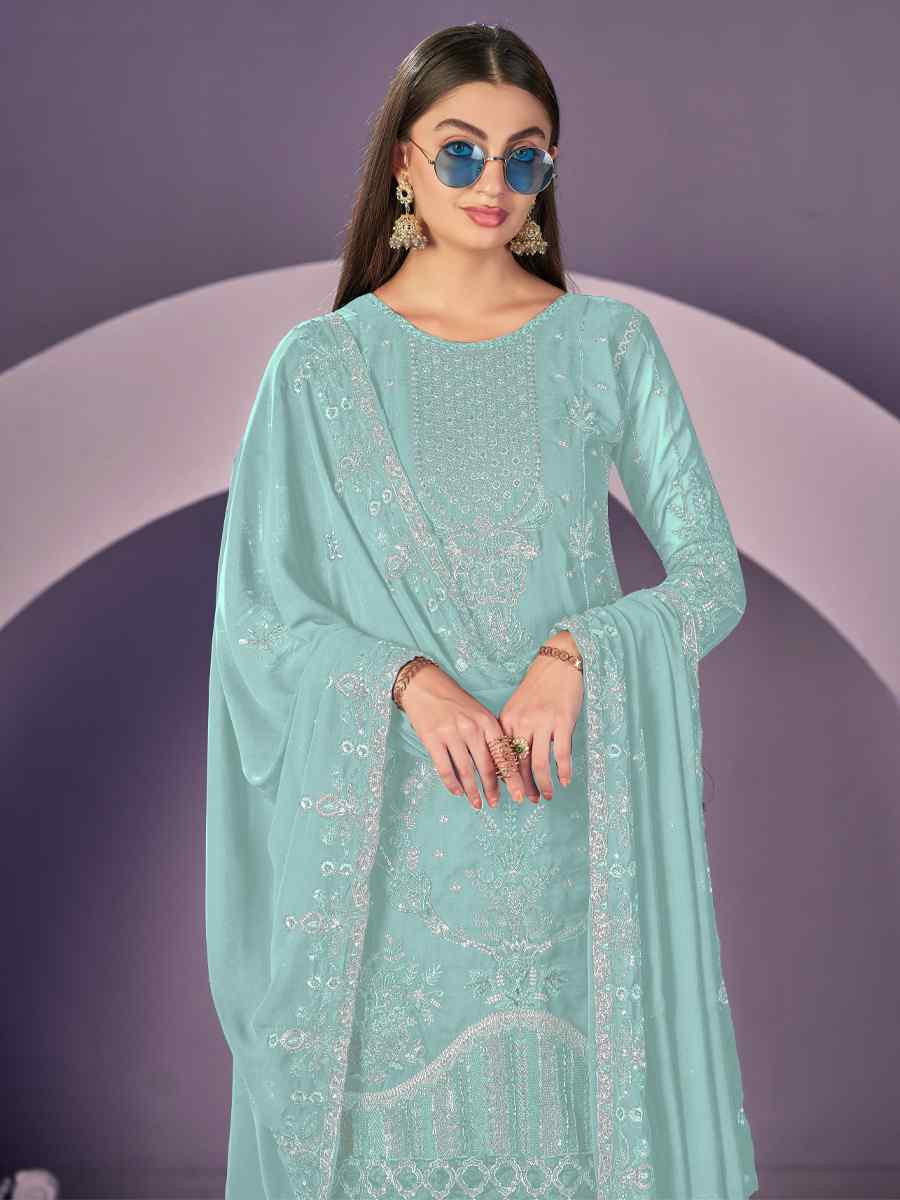 Sky Blue Heavy Faux Georgette Embroidered Festival Wedding Pant Salwar Kameez