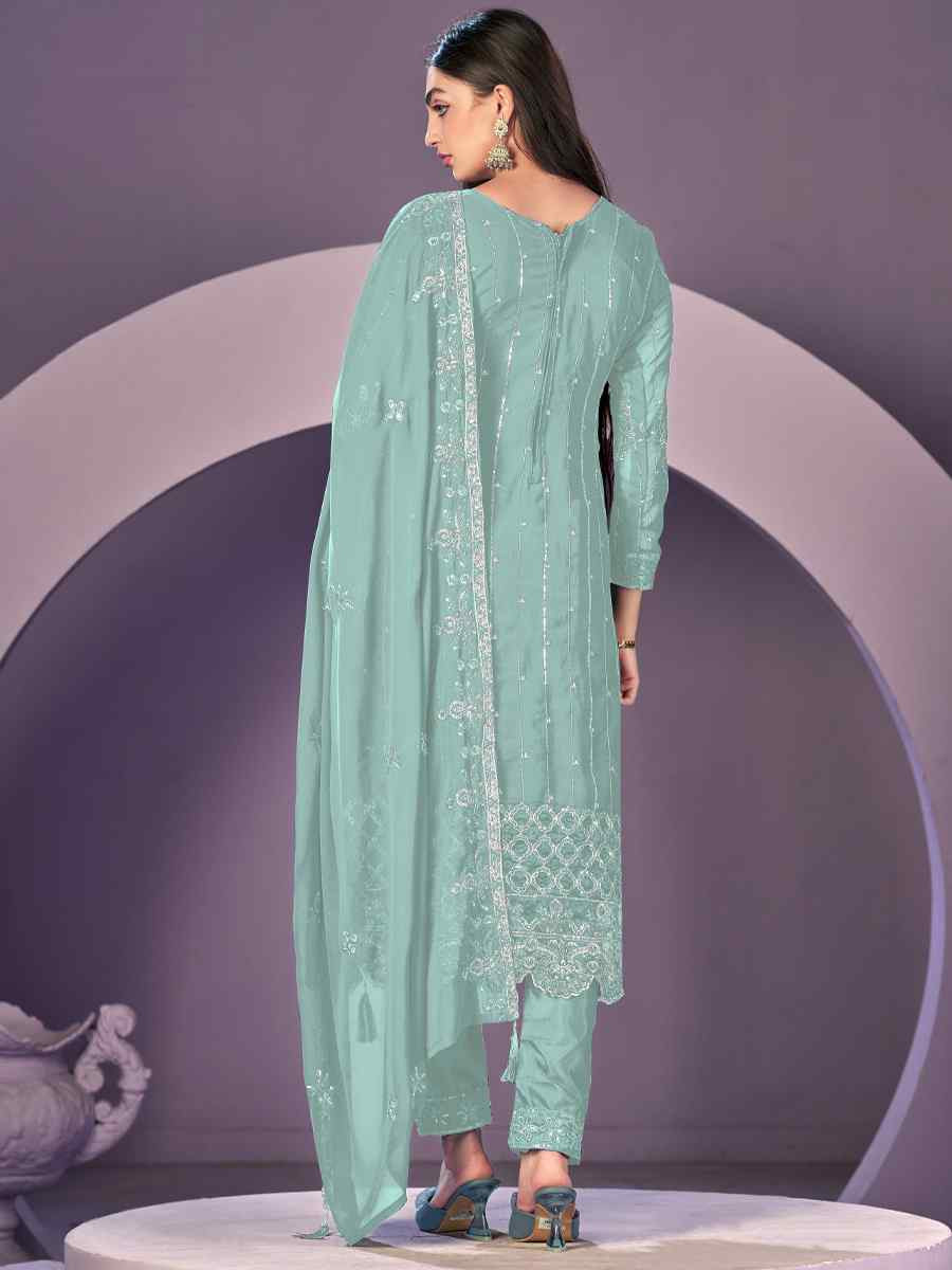 Sky Blue Heavy Faux Georgette Embroidered Festival Wedding Pant Salwar Kameez
