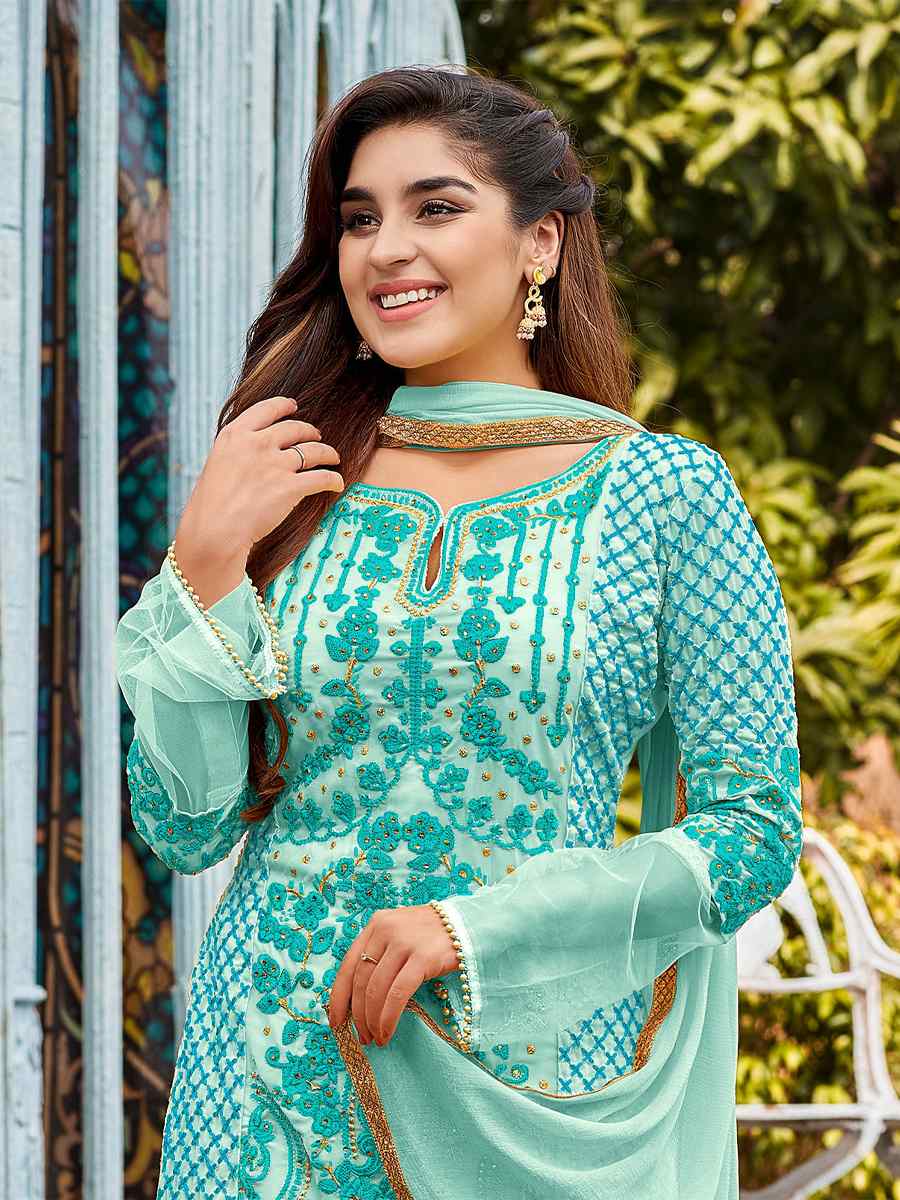 Sky Blue Heavy Faux Georgette Embroidered Party Festival Pant Salwar Kameez