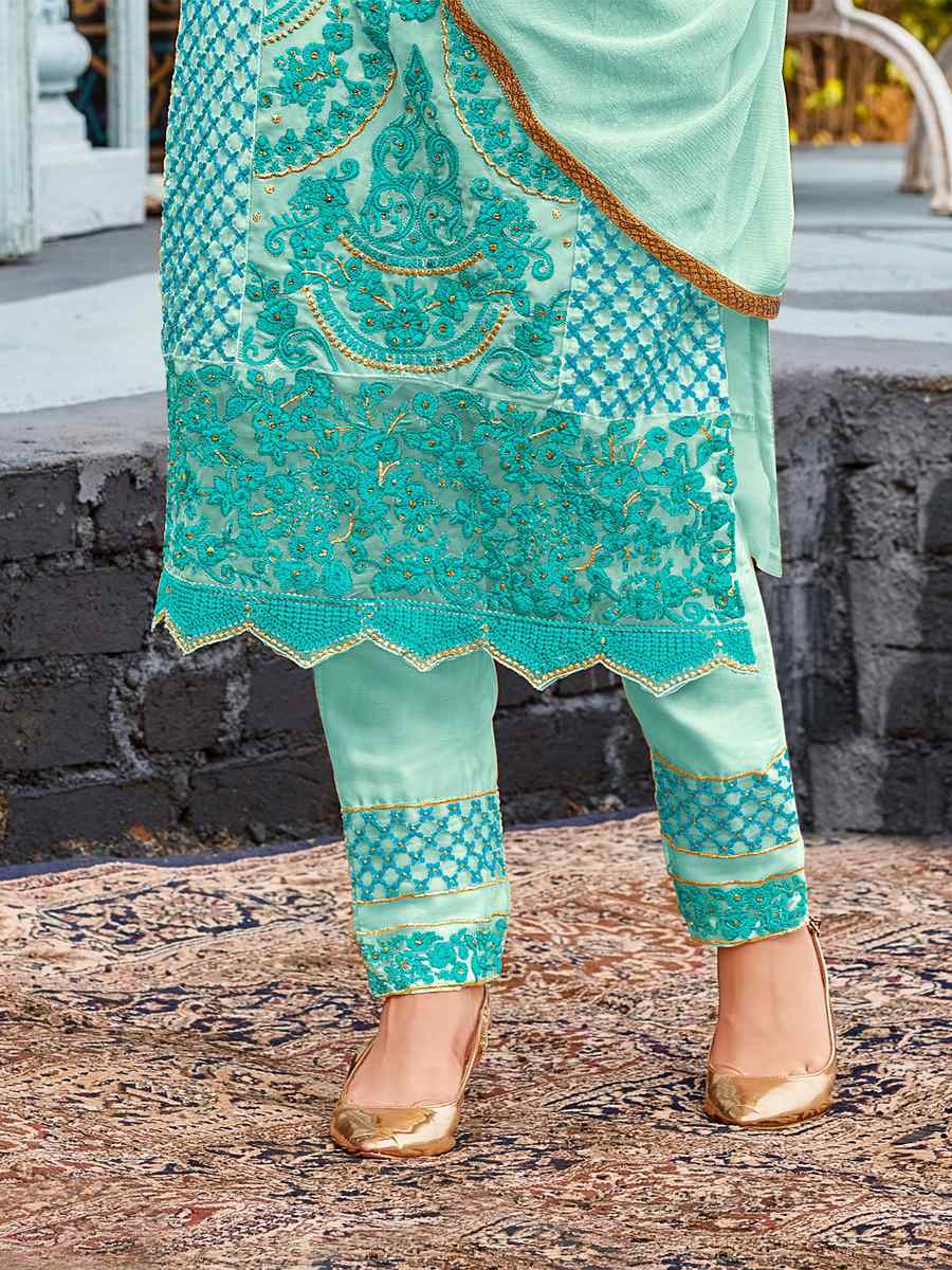 Sky Blue Heavy Faux Georgette Embroidered Party Festival Pant Salwar Kameez