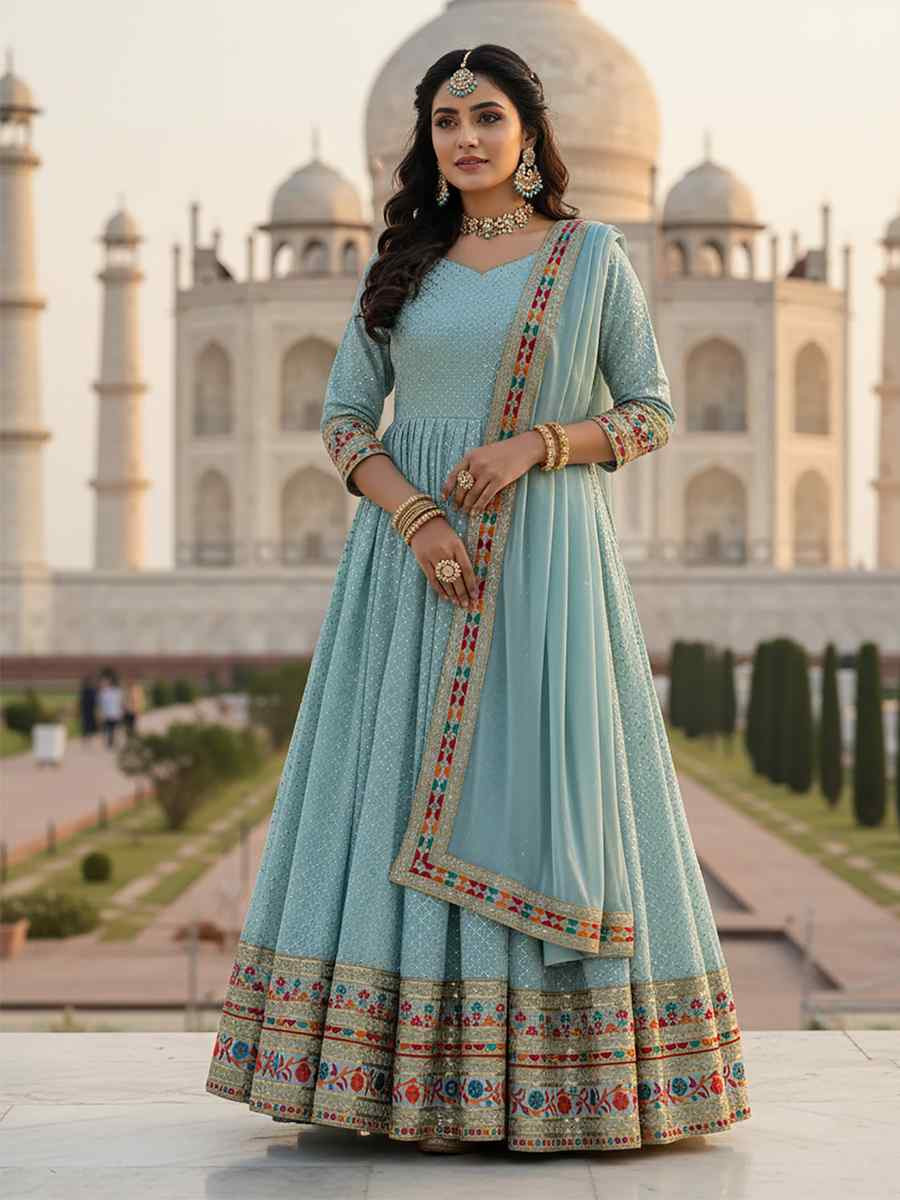 Sky Blue Heavy Faux Georgette Embroidered Women Wear Festival Casual Wedding Gown Women Wear