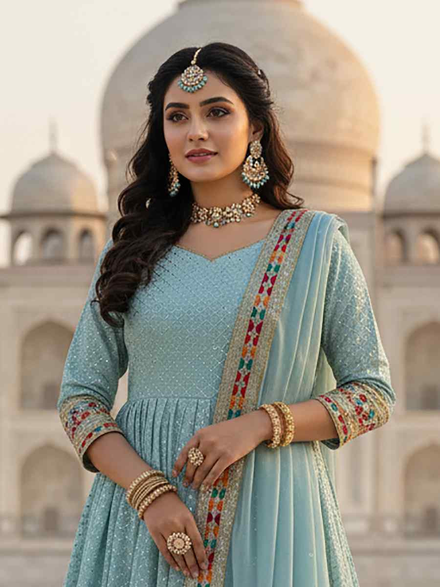 Sky Blue Heavy Faux Georgette Embroidered Women Wear Festival Casual Wedding Gown Women Wear