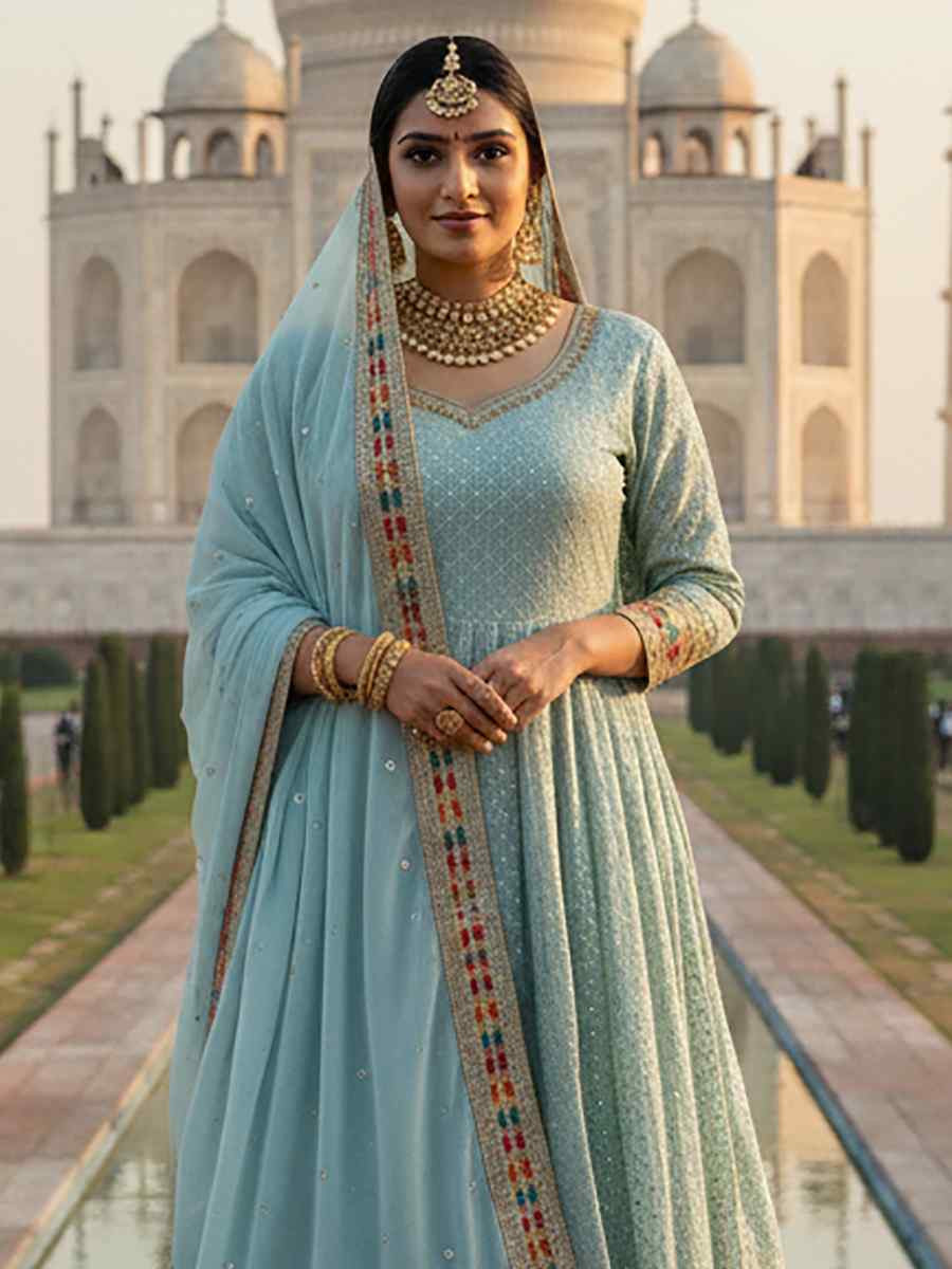 Sky Blue Heavy Faux Georgette Embroidered Women Wear Festival Casual Wedding Gown Women Wear