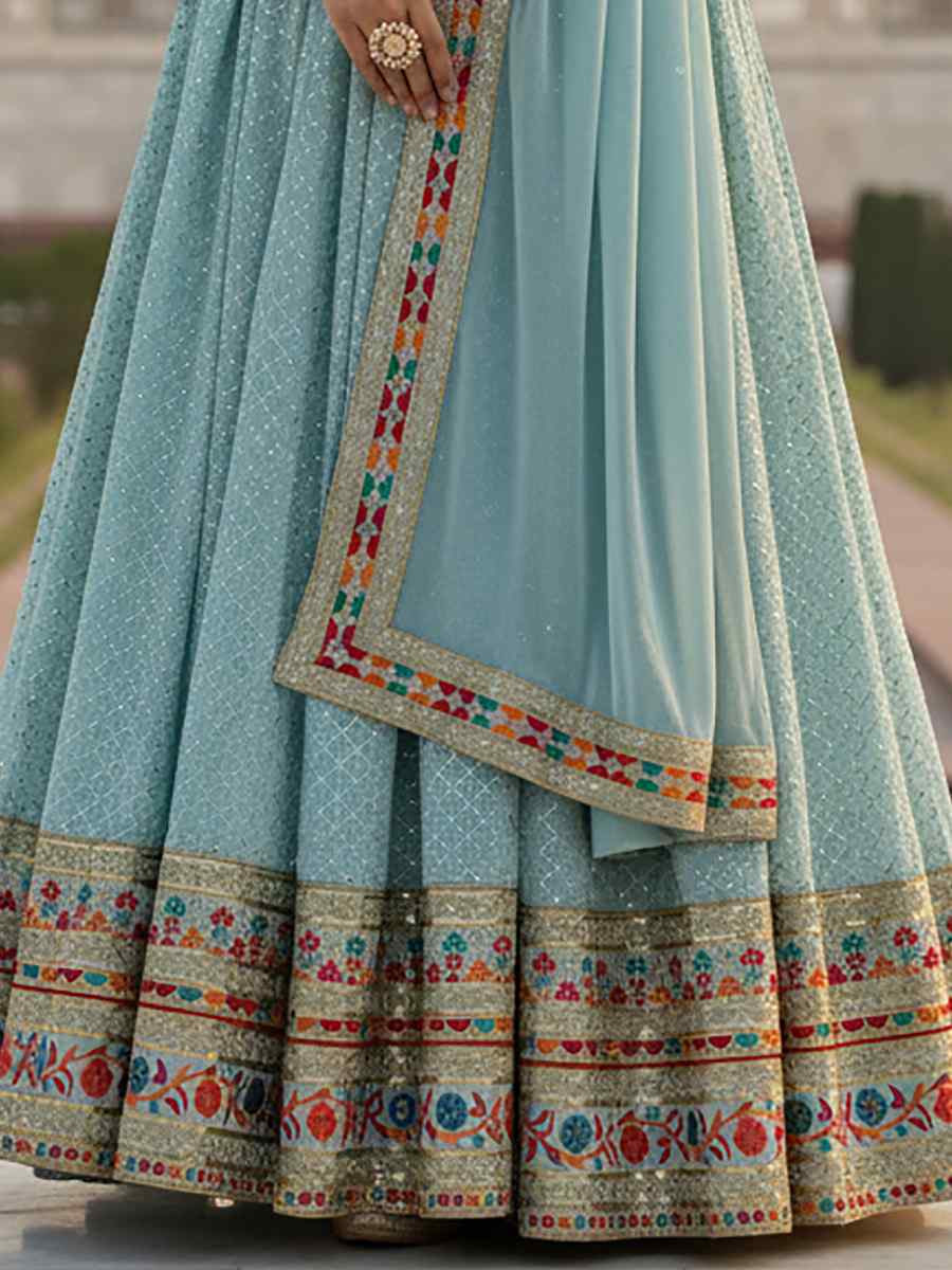 Sky Blue Heavy Faux Georgette Embroidered Women Wear Festival Casual Wedding Gown Women Wear