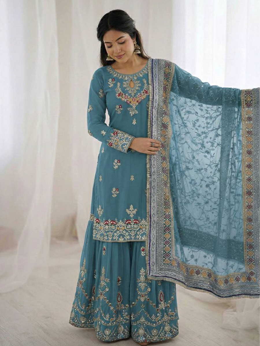 Sky Blue Heavy Faux Georgette Embroidery Sequins Lace Wedding Party Festival Ready Sharara Pant Salwar Kameez