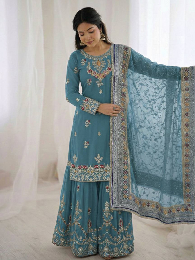 Image of Sky Blue Heavy Faux Georgette Embroidery Sequins Lace Wedding Party Festival Ready Sharara Pant Salwar Kameez