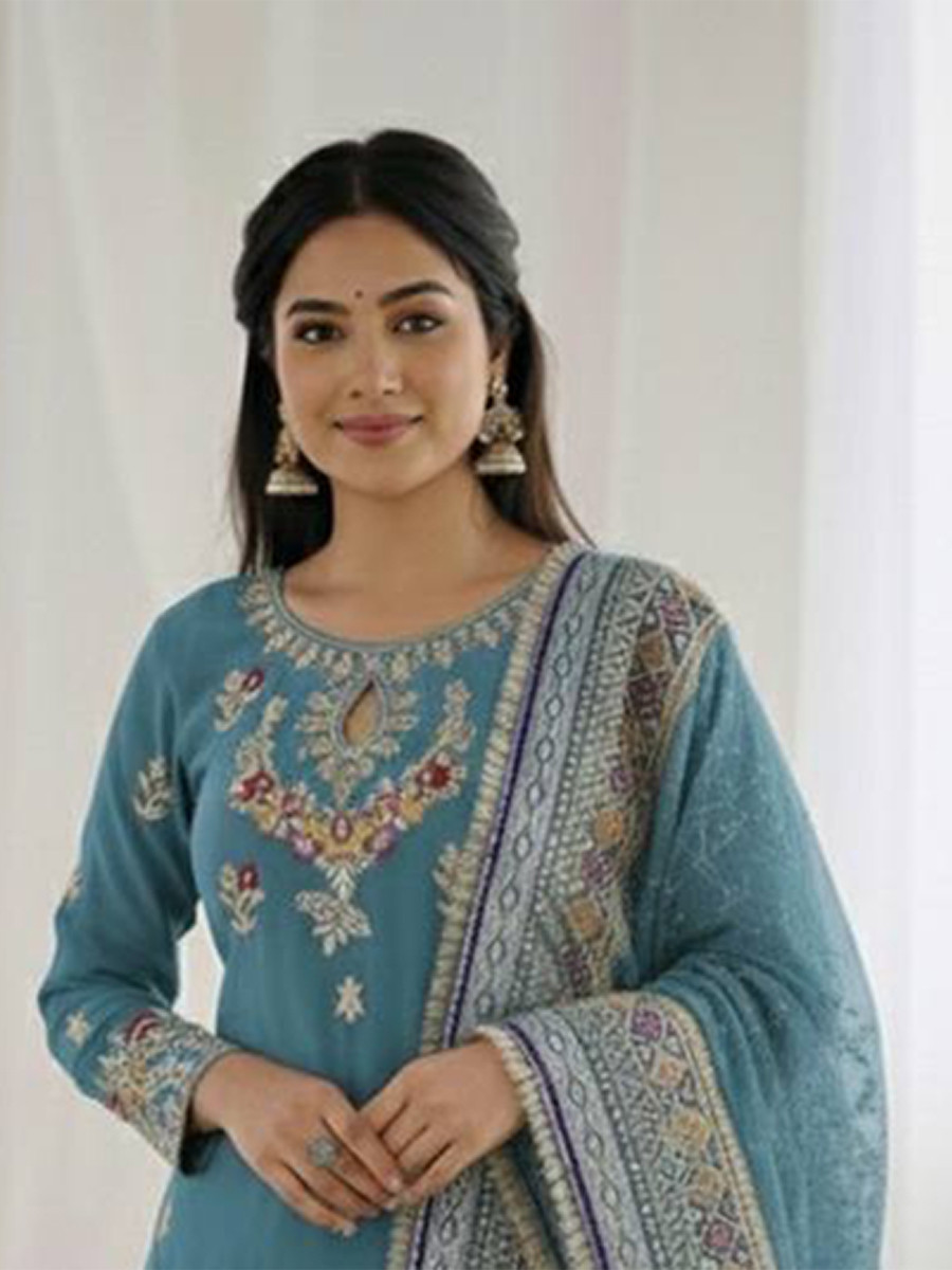 Sky Blue Heavy Faux Georgette Embroidery Sequins Lace Wedding Party Festival Ready Sharara Pant Salwar Kameez