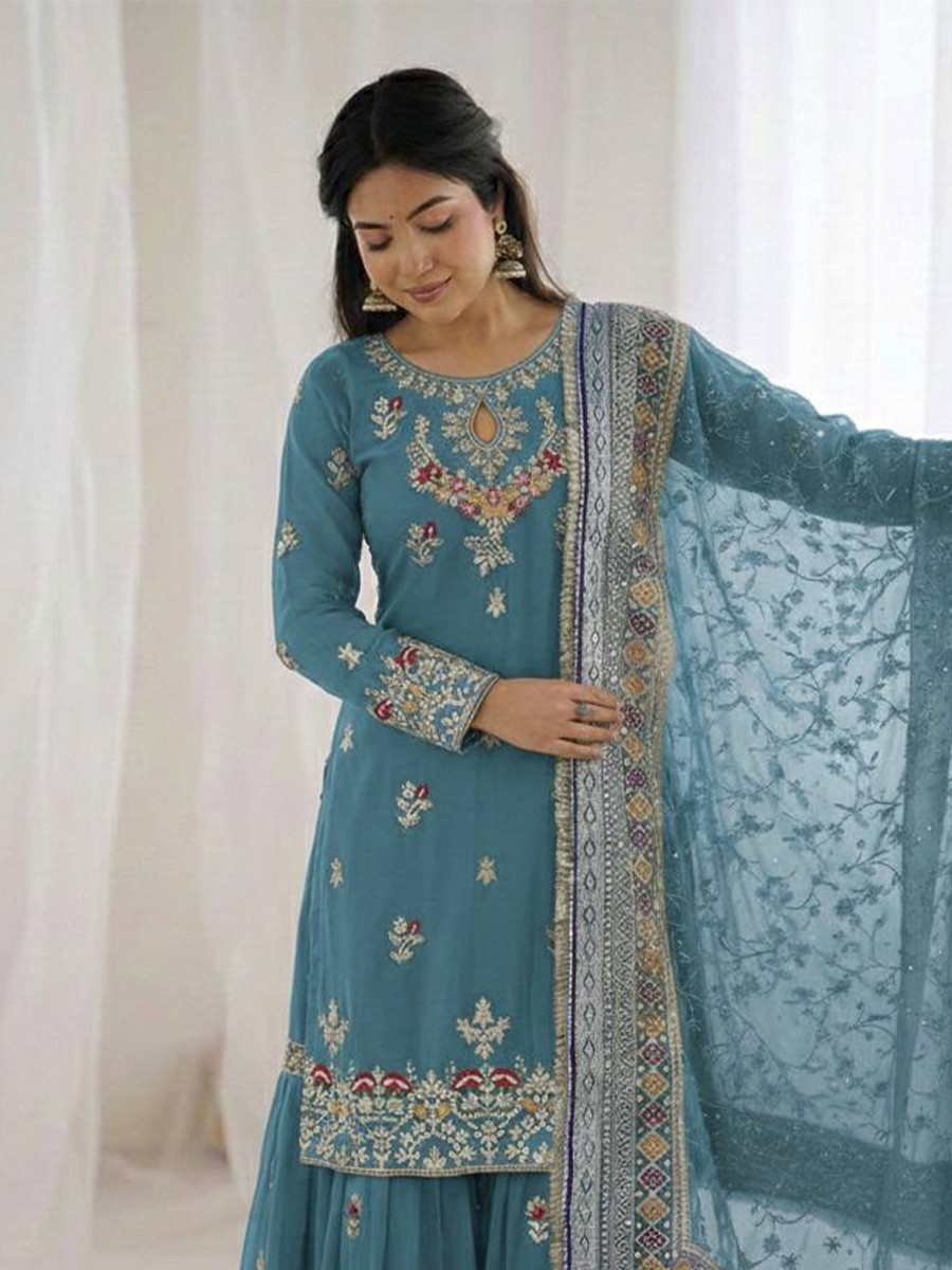 Sky Blue Heavy Faux Georgette Embroidery Sequins Lace Wedding Party Festival Ready Sharara Pant Salwar Kameez
