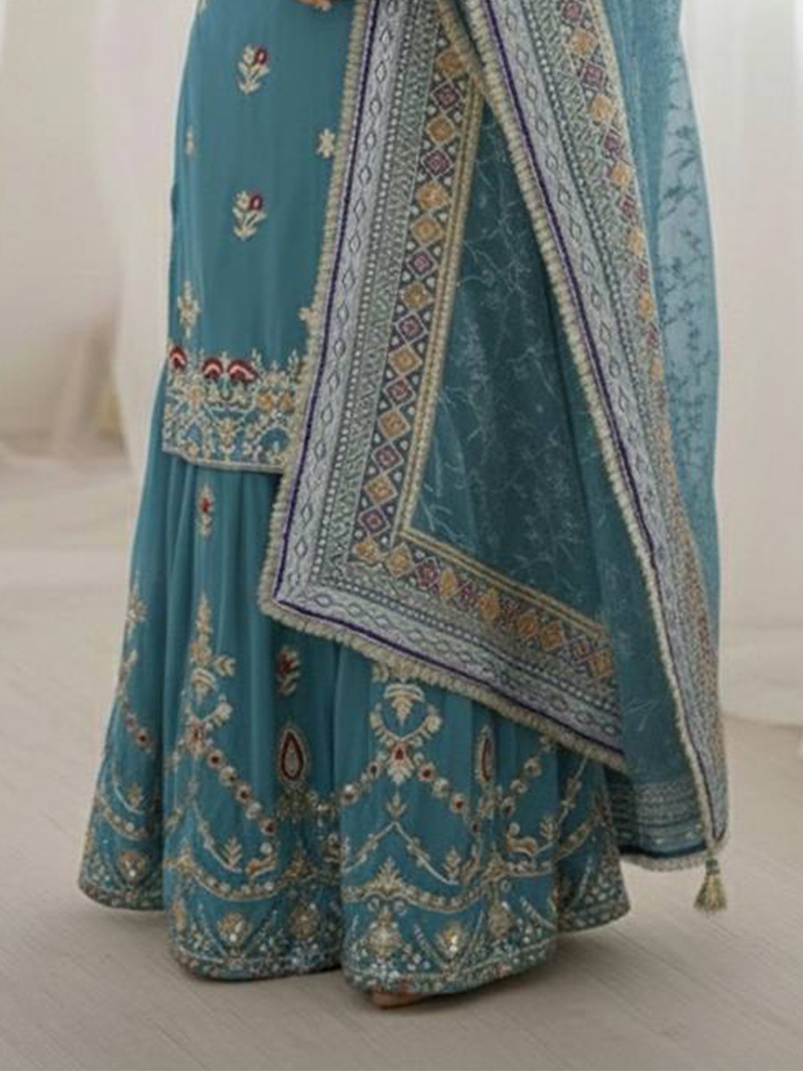 Sky Blue Heavy Faux Georgette Embroidery Sequins Lace Wedding Party Festival Ready Sharara Pant Salwar Kameez