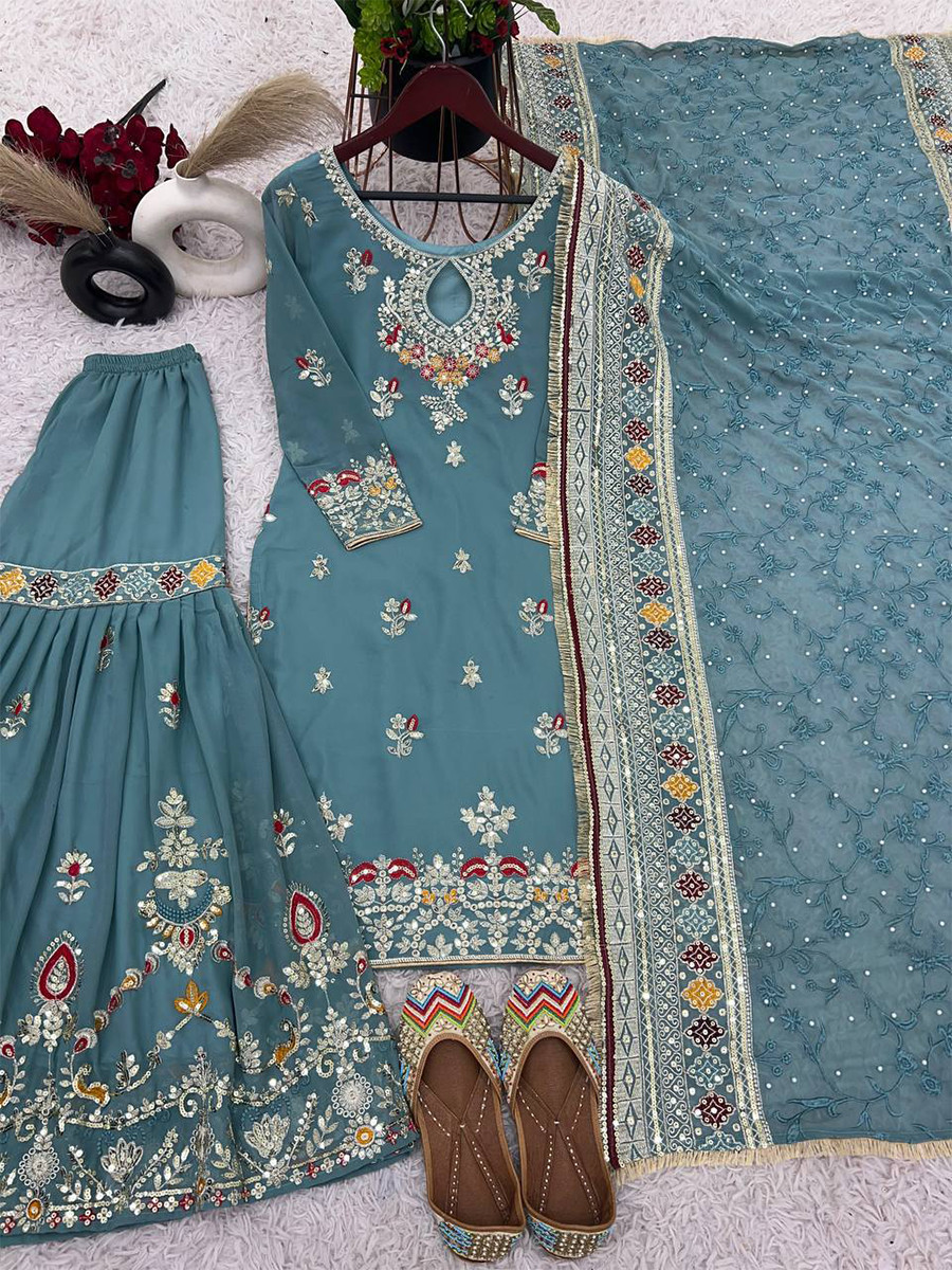 Sky Blue Heavy Faux Georgette Embroidery Sequins Lace Wedding Party Festival Ready Sharara Pant Salwar Kameez