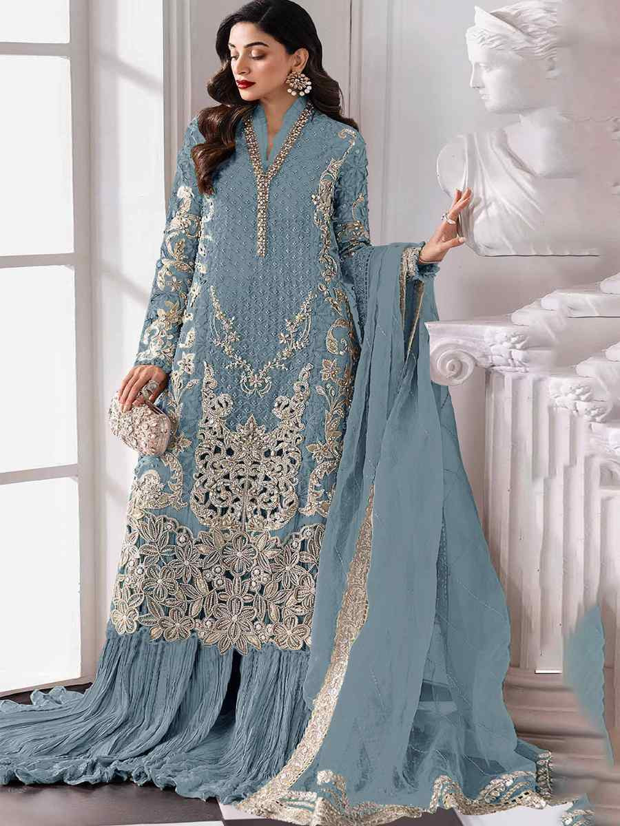 Sky Blue Heavy Fox Georgette Embroidered Festival Wedding Palazzo Pant Salwar Kameez