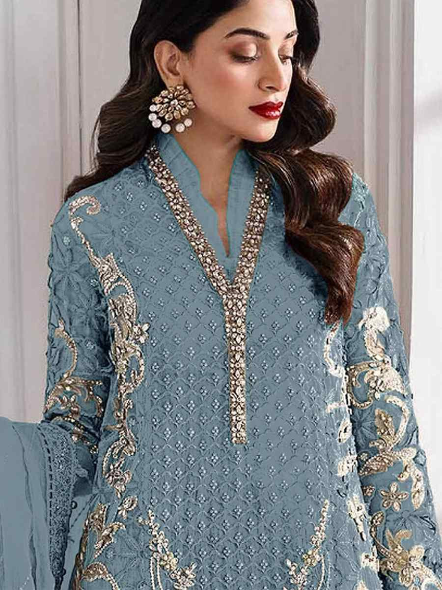 Sky Blue Heavy Fox Georgette Embroidered Festival Wedding Palazzo Pant Salwar Kameez