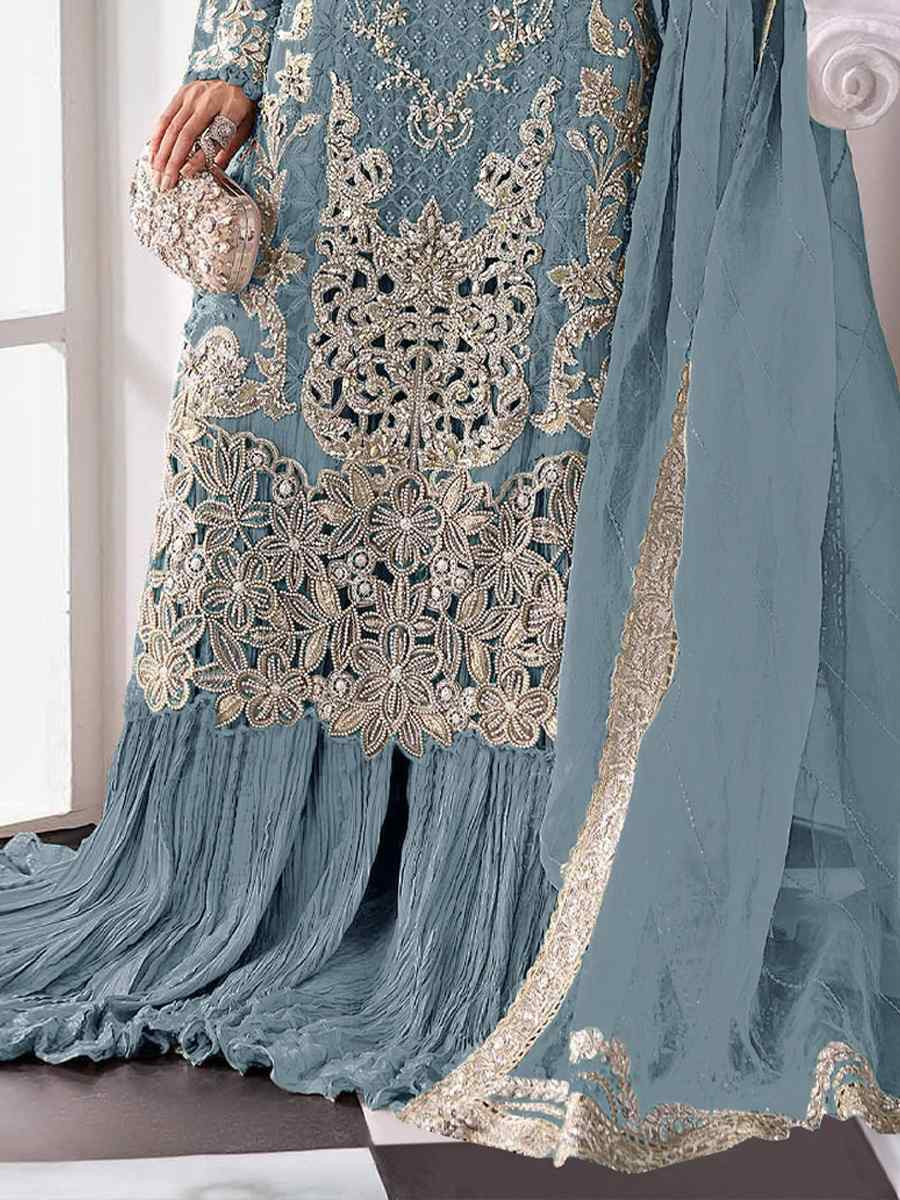 Sky Blue Heavy Fox Georgette Embroidered Festival Wedding Palazzo Pant Salwar Kameez