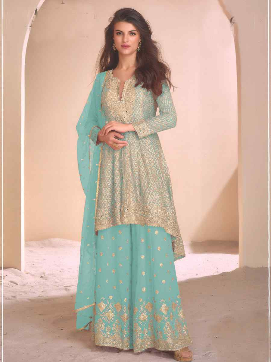Sky Blue Heavy Fox Georgette Embroidered Party Wedding Ready Palazzo Pant Salwar Kameez