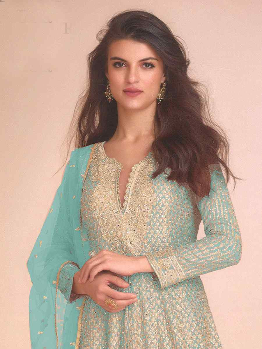 Sky Blue Heavy Fox Georgette Embroidered Party Wedding Ready Palazzo Pant Salwar Kameez