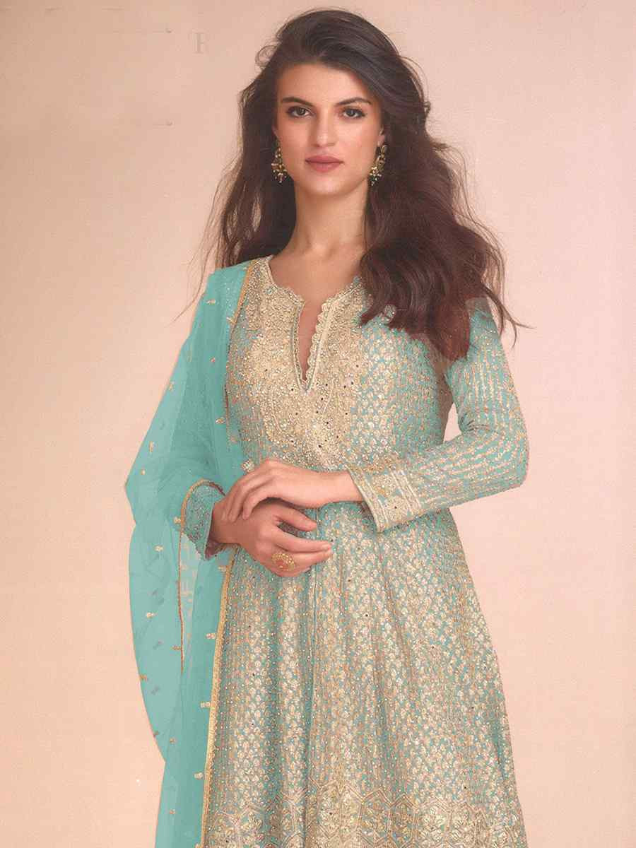 Sky Blue Heavy Fox Georgette Embroidered Party Wedding Ready Palazzo Pant Salwar Kameez