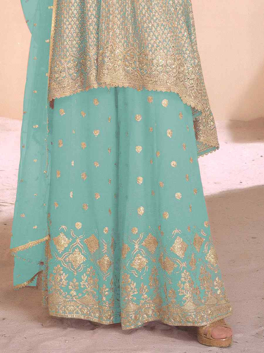 Sky Blue Heavy Fox Georgette Embroidered Party Wedding Ready Palazzo Pant Salwar Kameez