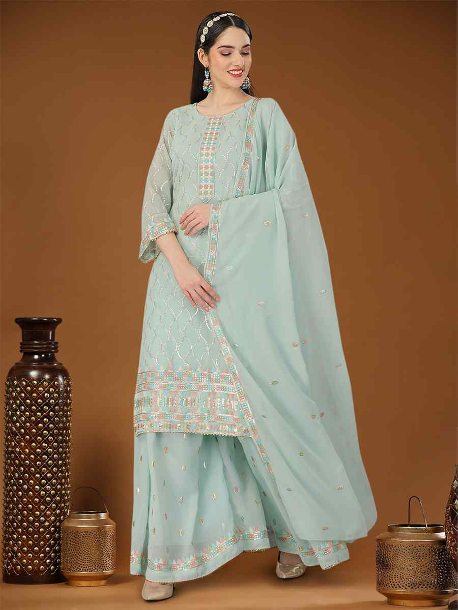 Sky Blue Heavy Georgette Embroidered Festival Casual Ready Sharara Salwar Kameez