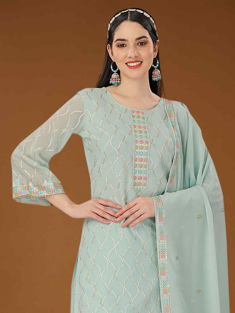 Sky Blue Heavy Georgette Embroidered Festival Casual Ready Sharara Salwar Kameez