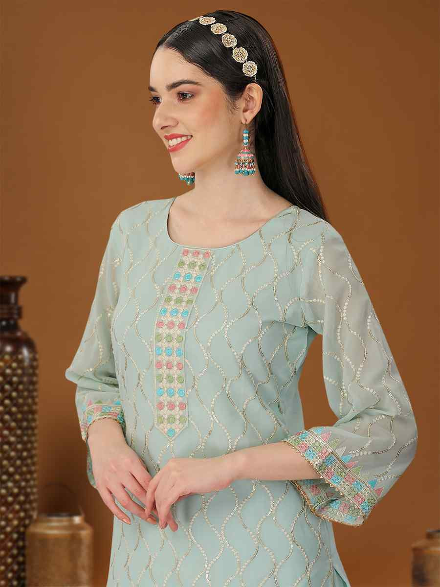 Sky Blue Heavy Georgette Embroidered Festival Casual Ready Sharara Salwar Kameez