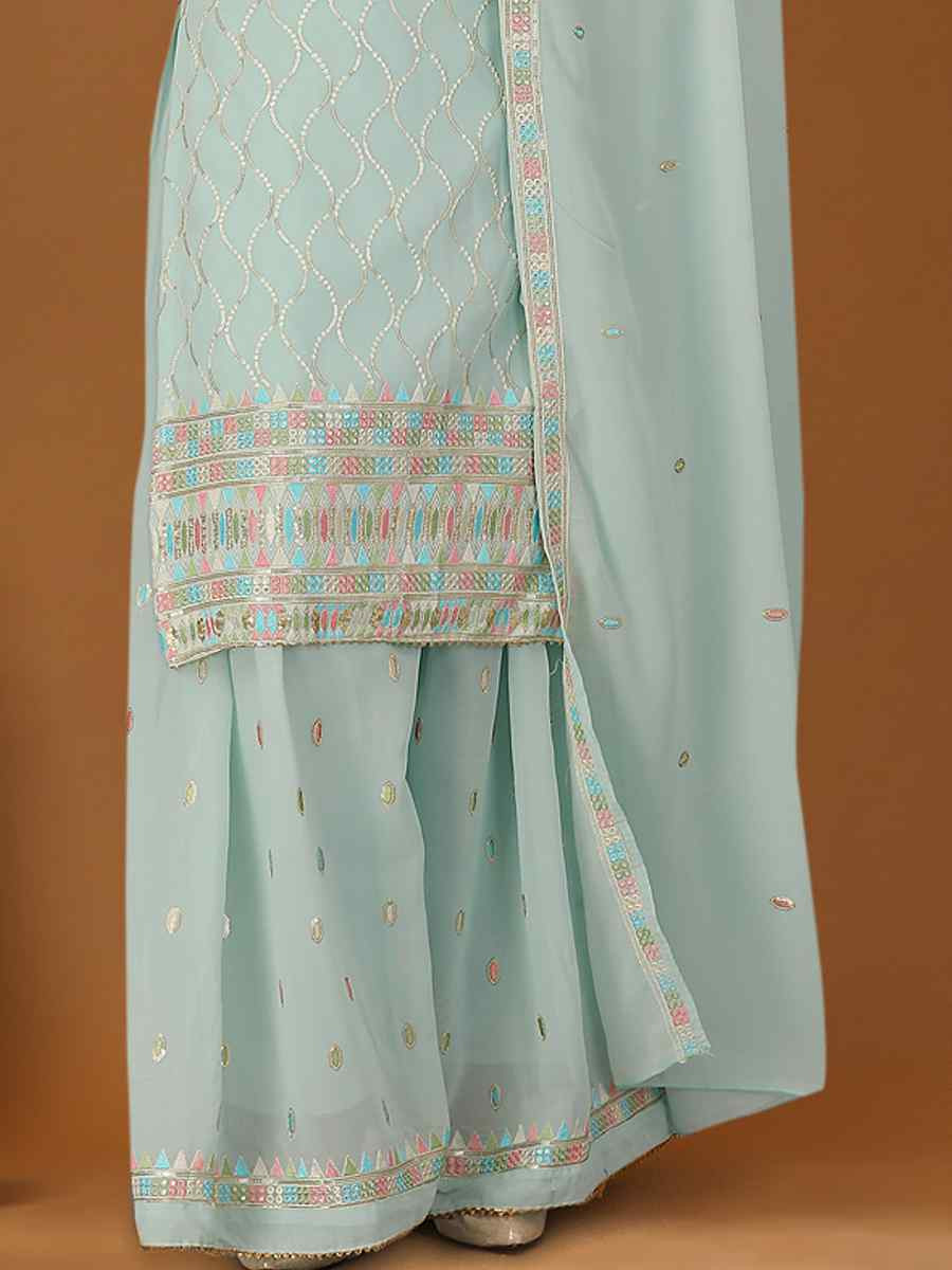Sky Blue Heavy Georgette Embroidered Festival Casual Ready Sharara Salwar Kameez