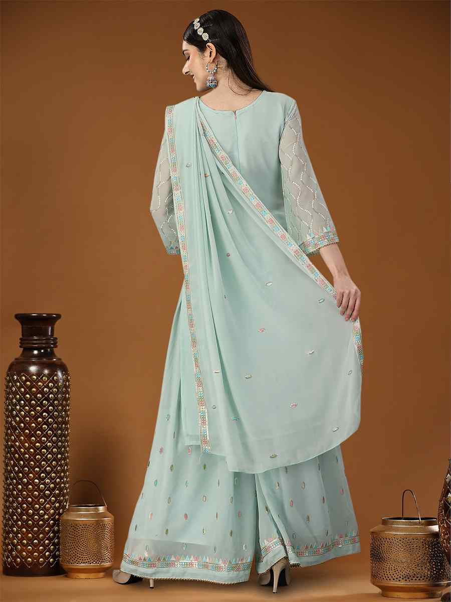 Sky Blue Heavy Georgette Embroidered Festival Casual Ready Sharara Salwar Kameez
