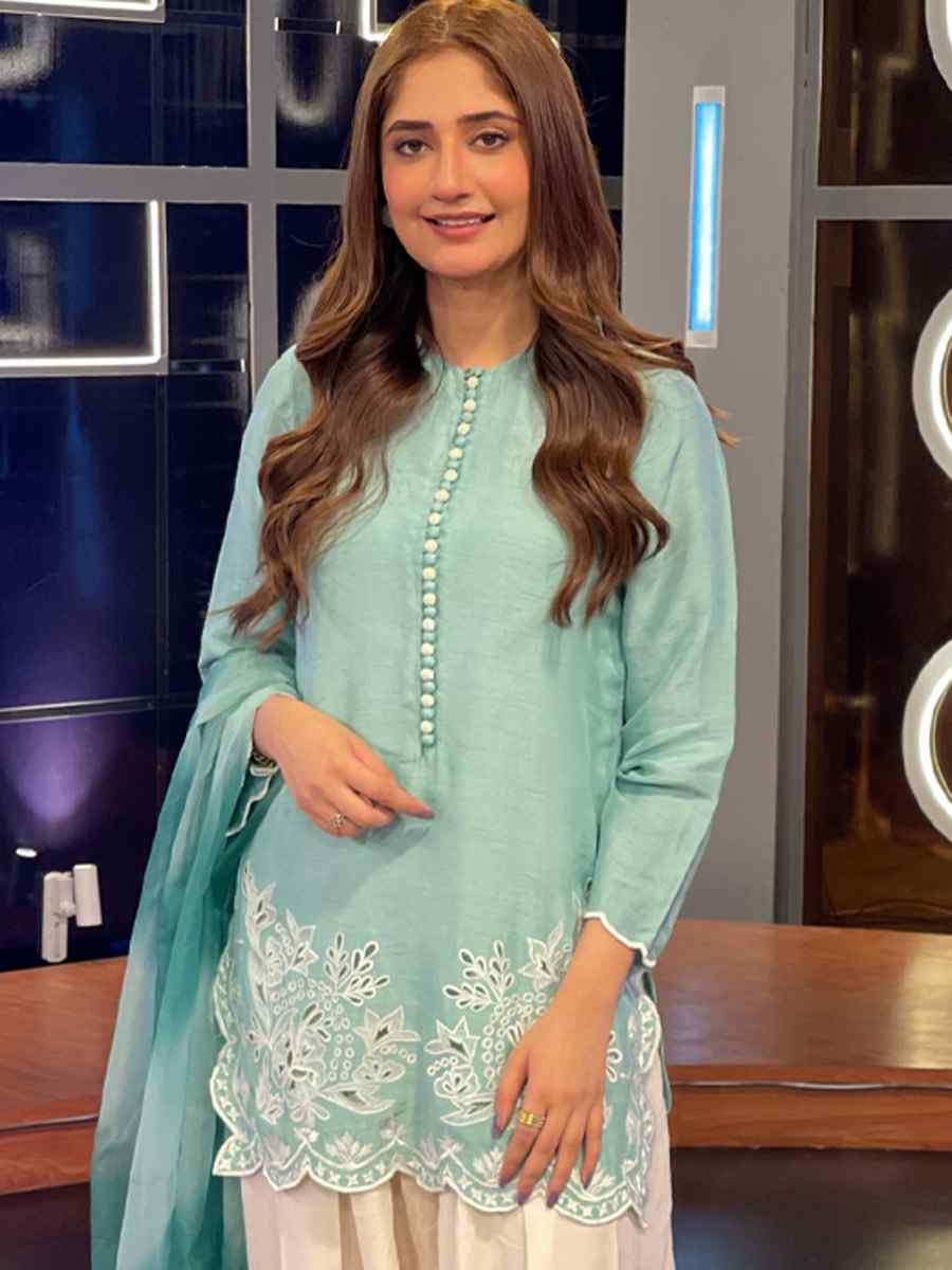 Sky Blue Heavy Georgette Embroidered Festival Mehendi Ready Farsi Salwar Kameez