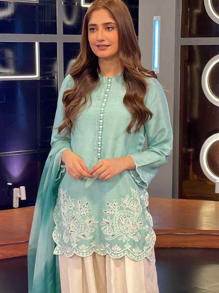 Sky Blue Heavy Georgette Embroidered Festival Mehendi Ready Farsi Salwar Kameez