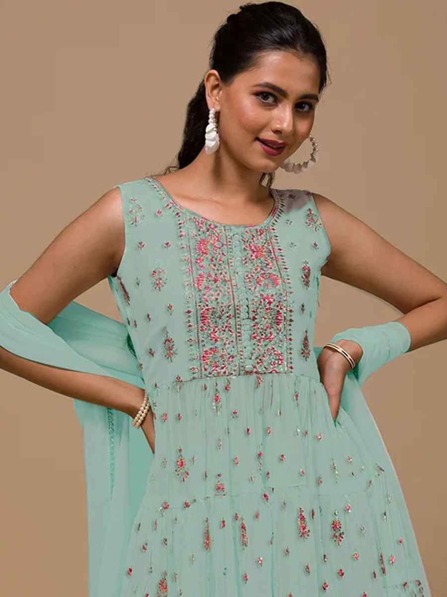 Sky Blue Heavy Georgette Embroidered Festival Wedding Palazzo Pant Salwar Kameez