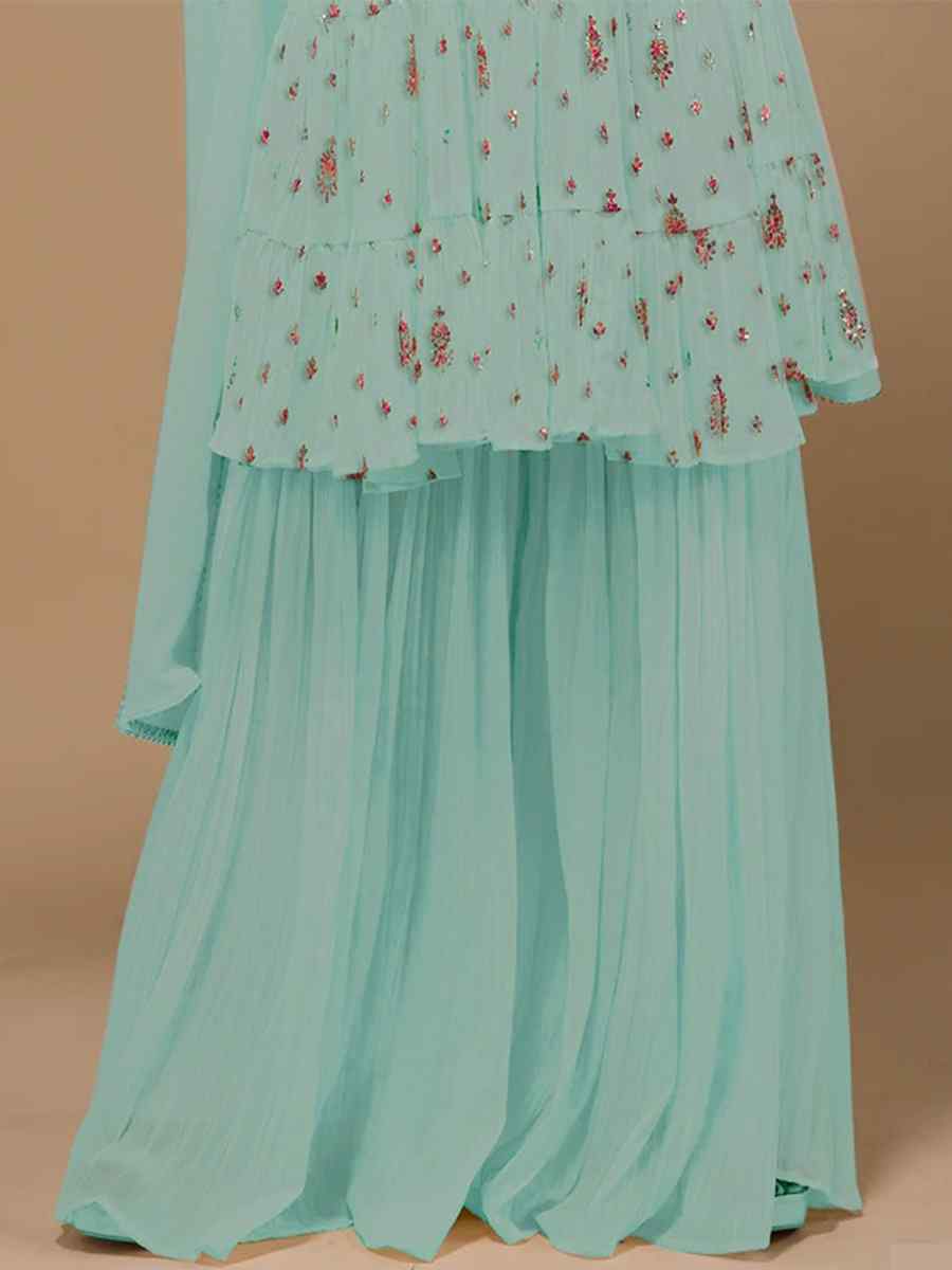 Sky Blue Heavy Georgette Embroidered Festival Wedding Palazzo Pant Salwar Kameez