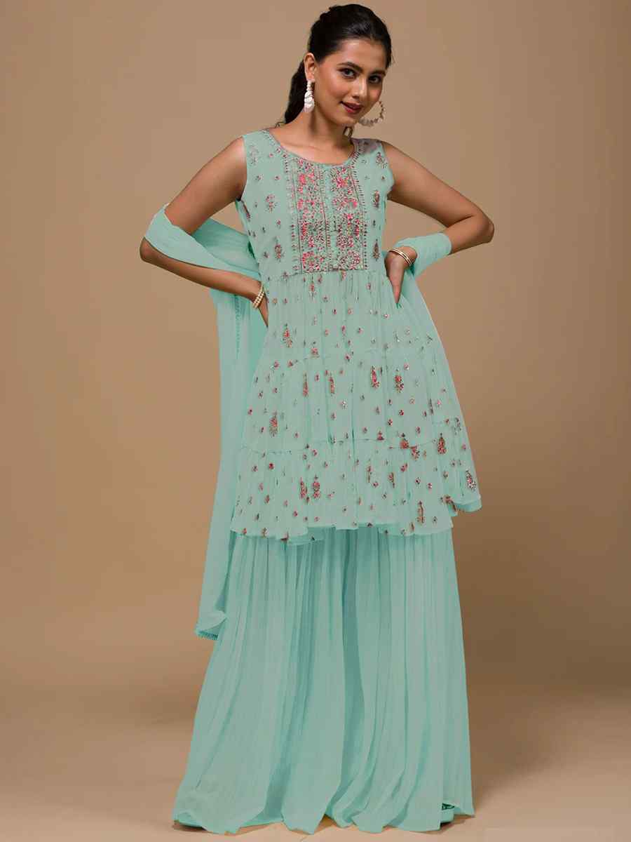 Sky Blue Heavy Georgette Embroidered Festival Wedding Palazzo Pant Salwar Kameez