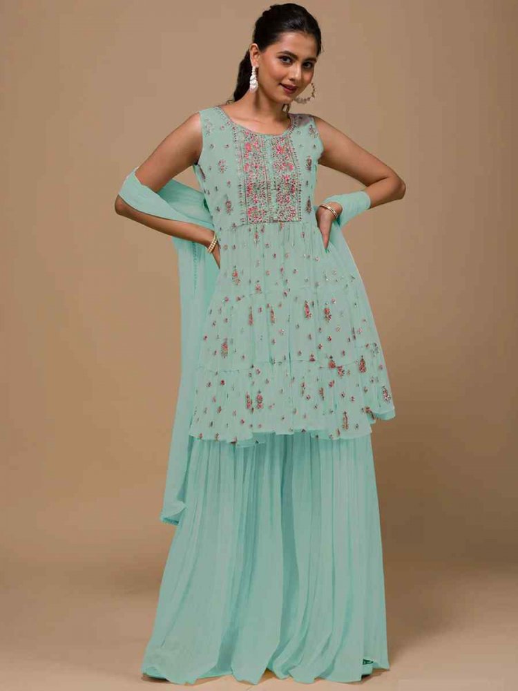 Sky Blue Heavy Georgette Embroidered Festival Wedding Palazzo Pant Salwar Kameez