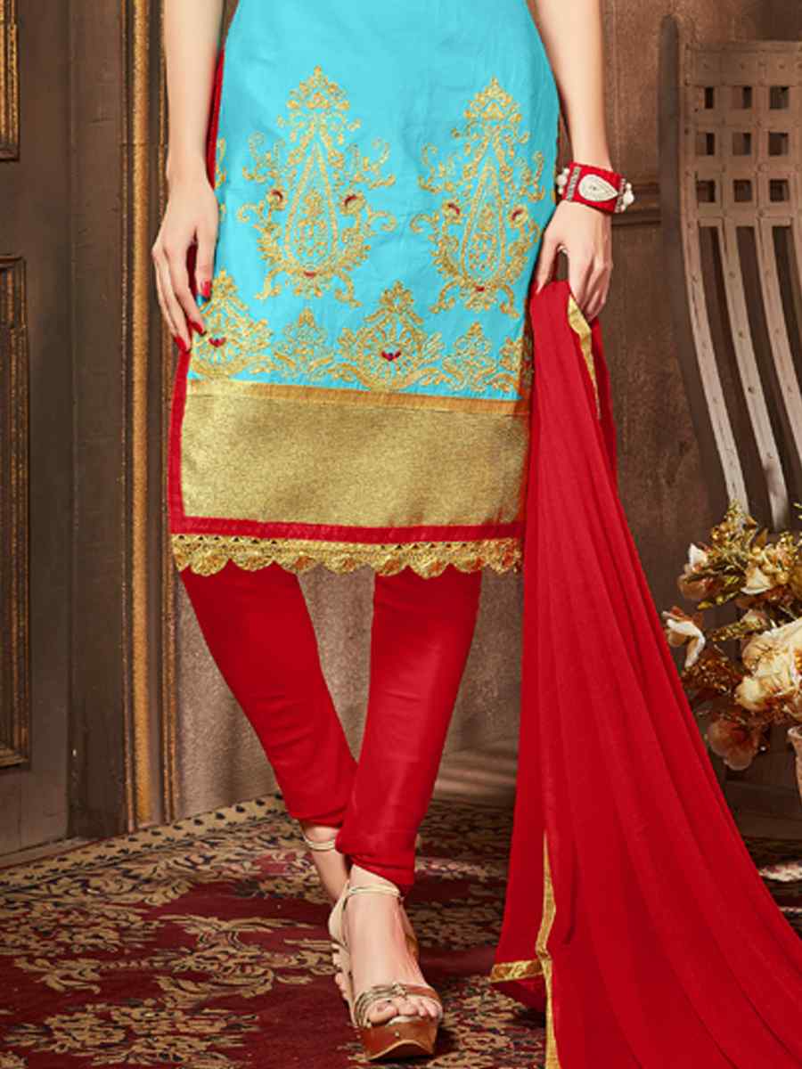 Sky Blue Heavy Glass Cotton Embroidered Casual Festival Churidar Salwar Kameez