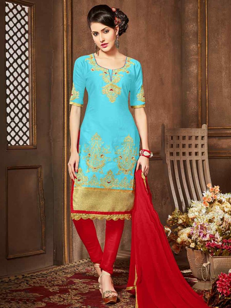 Sky Blue Heavy Glass Cotton Embroidered Casual Festival Churidar Salwar Kameez