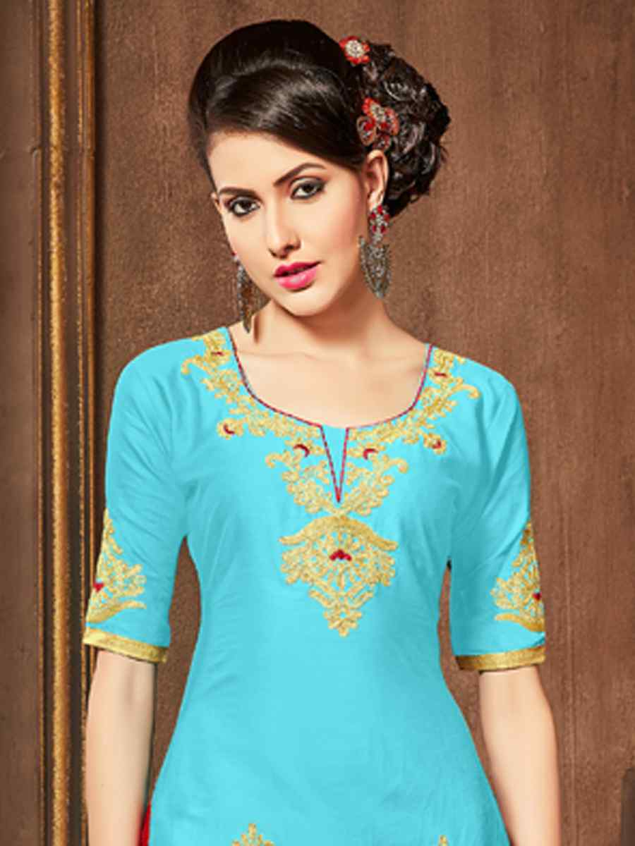 Sky Blue Heavy Glass Cotton Embroidered Casual Festival Churidar Salwar Kameez