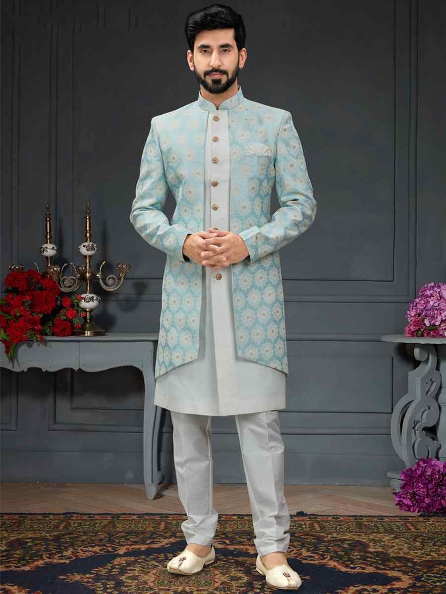 Sky Blue Heavy Imported Jacquard Woven Groom Wedding Sherwani